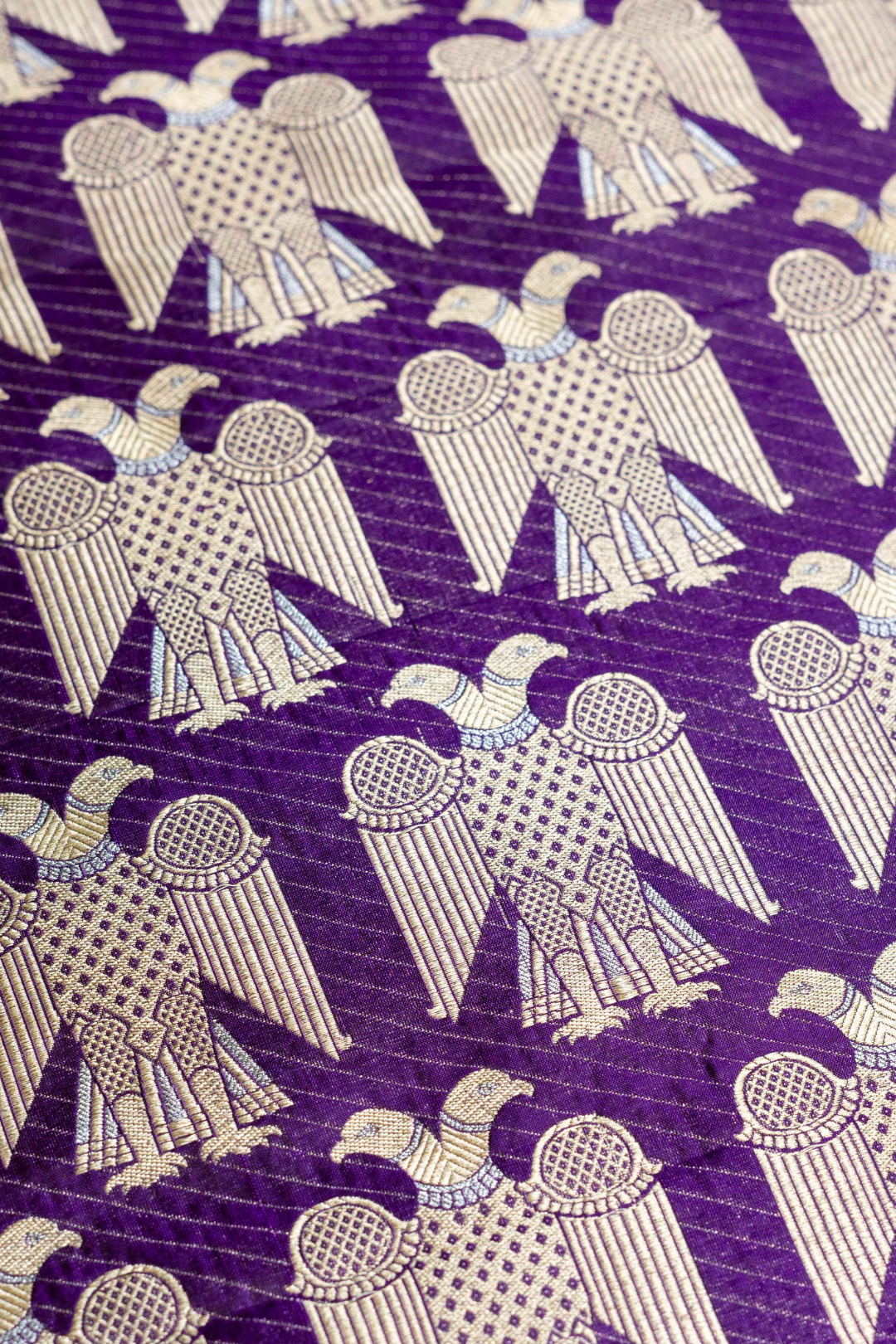 Handwoven Purple Katan Silk Kadhwa Brocade Fabric with Peacock Motifs