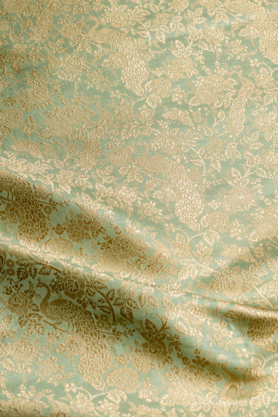 Pure Katan Silk Kadhwa Brocade Fabric in Sea green with Peacock Motifs