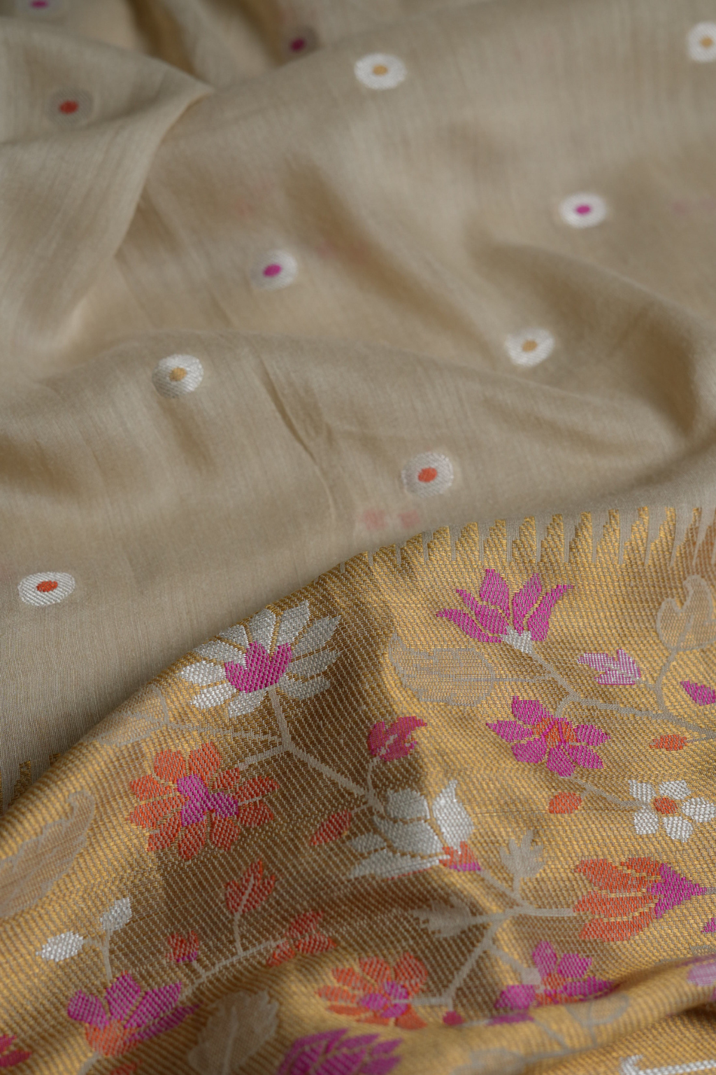 Handwoven Munga Silk Fabric with Gold Zari Floral Border