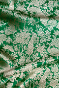 Pure Katan Silk Kadhwa Brocade Fabric in Dark Green with Peacock Motifs