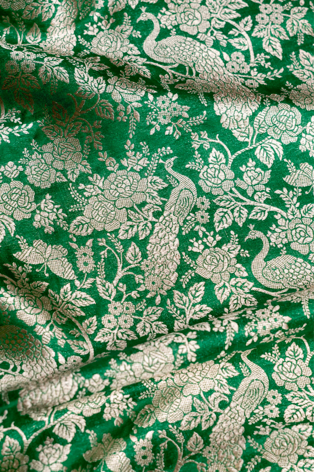 Pure Katan Silk Kadhwa Brocade Fabric in Dark Green with Peacock Motifs