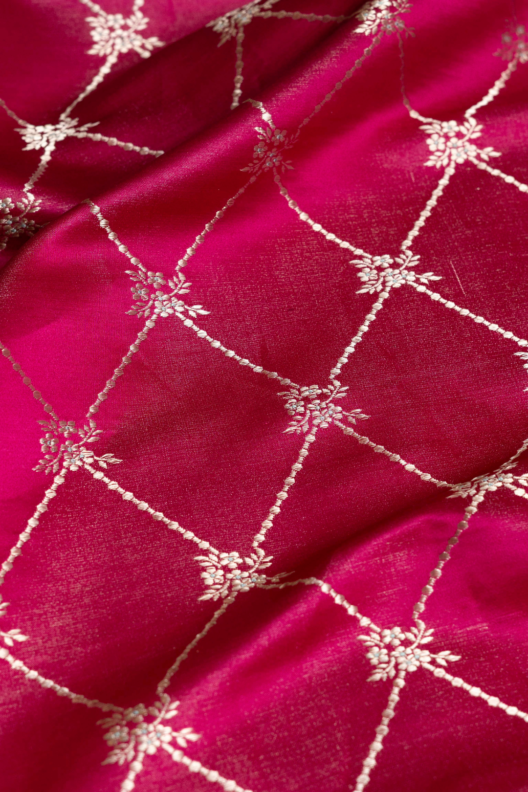Pure Satin Silk Kadhwa Jaal Brocade Fabric in Rani Pink