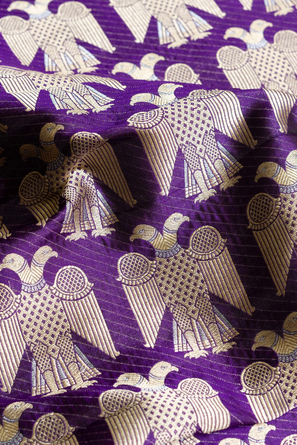 Handwoven Purple Katan Silk Kadhwa Brocade Fabric with Peacock Motifs