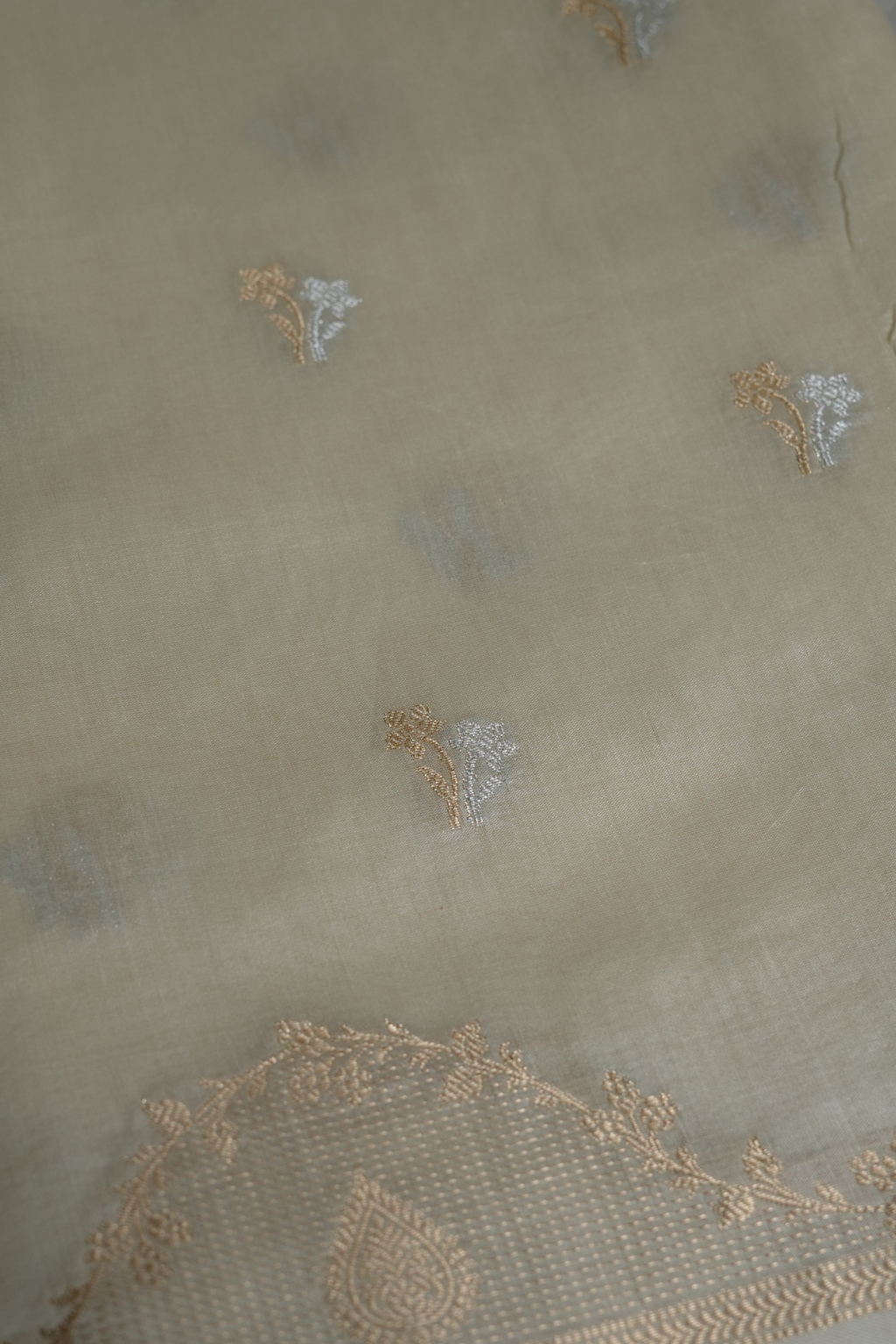Handwoven Cream Cotton Fabric with Gold and Silver Zari Bel and Floral Motifs
