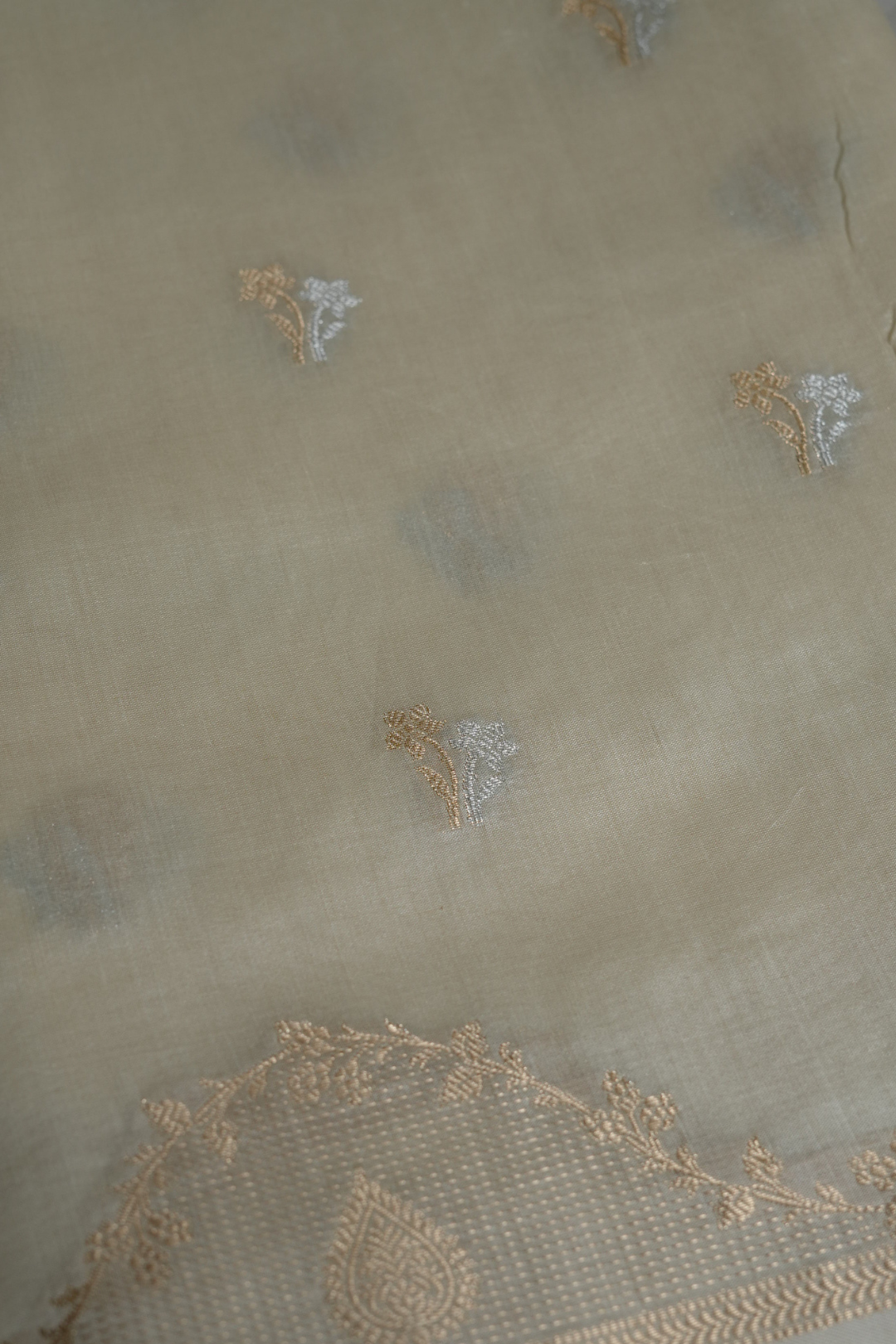 Handwoven Cream Cotton Fabric with Gold and Silver Zari Bel and Floral Motifs
