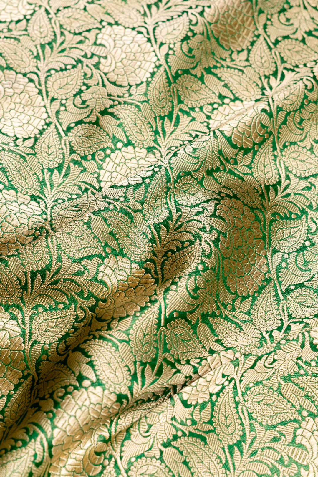 Pure Katan Silk Kadhwa Brocade Fabric in Dark Green with Floral Buti