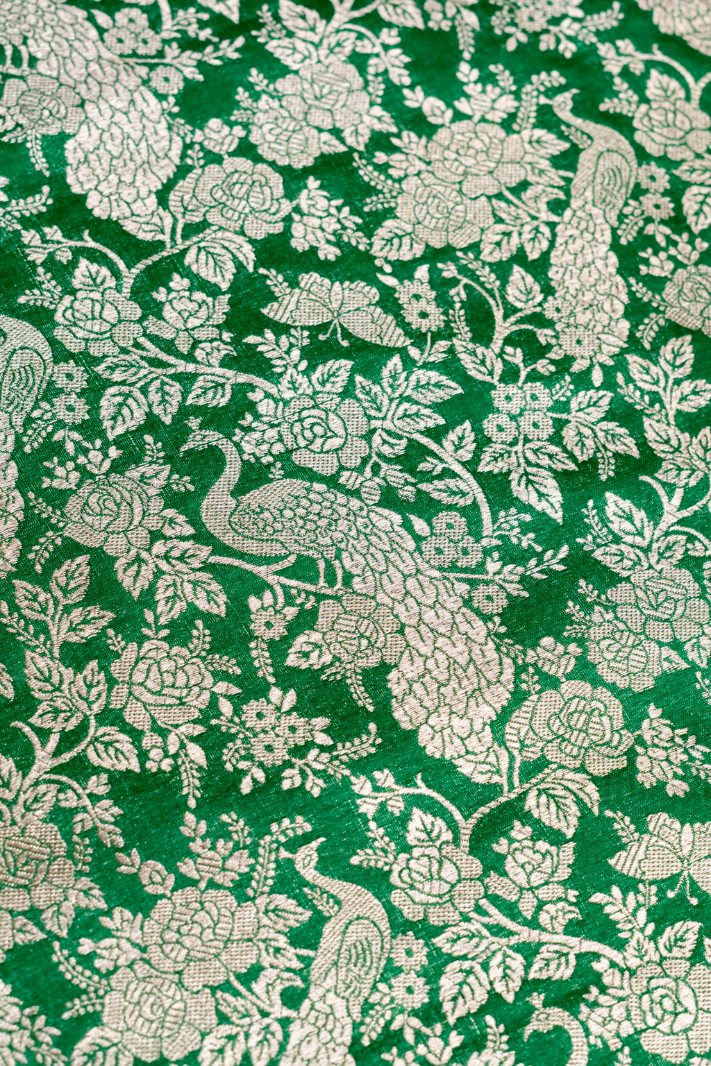 Pure Katan Silk Kadhwa Brocade Fabric in Dark Green with Peacock Motifs