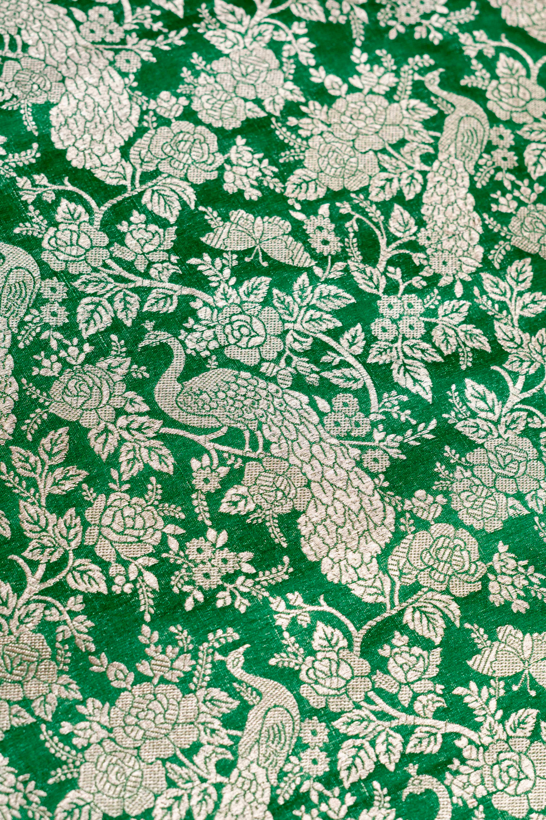 Pure Katan Silk Kadhwa Brocade Fabric in Dark Green with Peacock Motifs