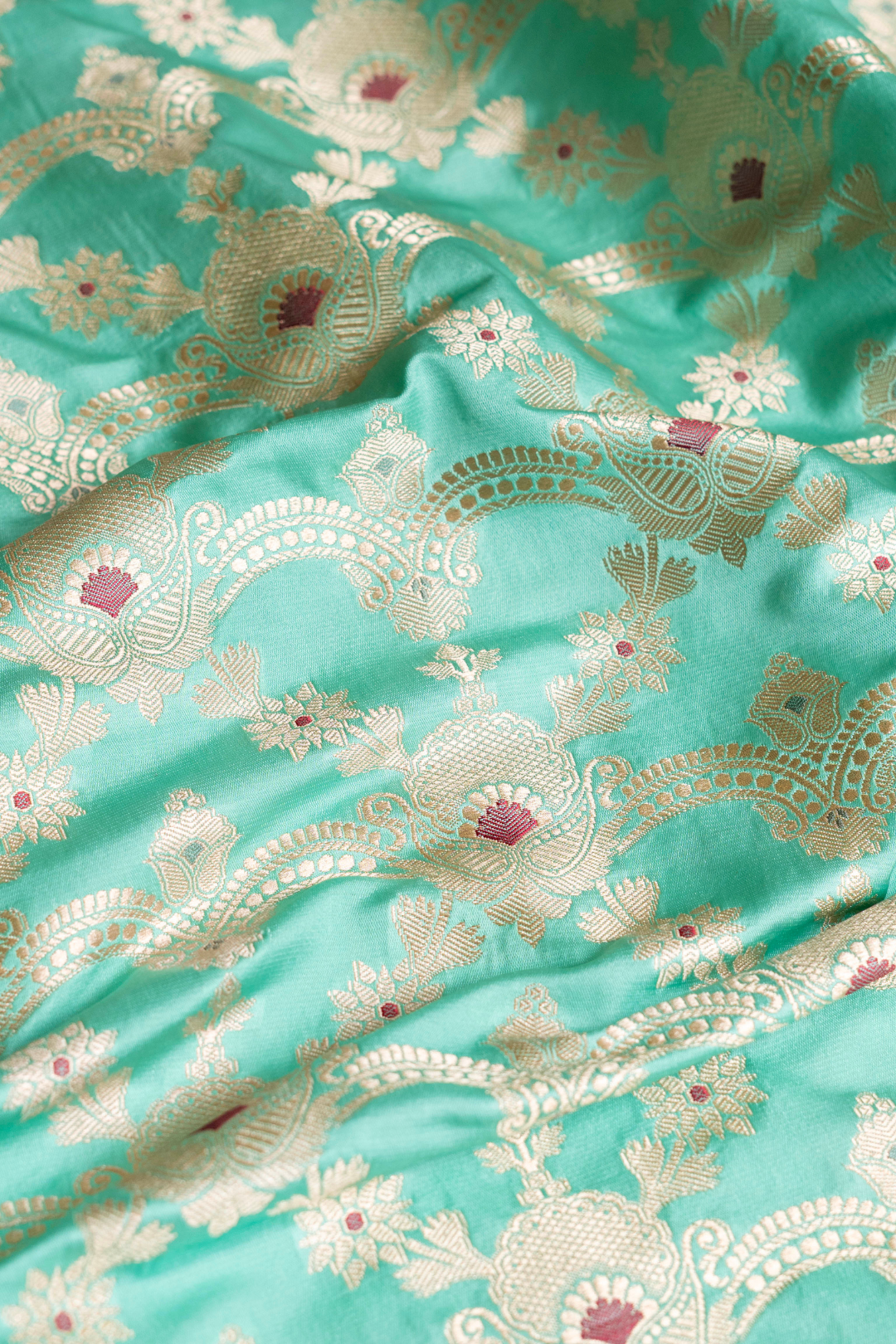 Satin Silk Kadhwa Brocade Fabric in Sea Green