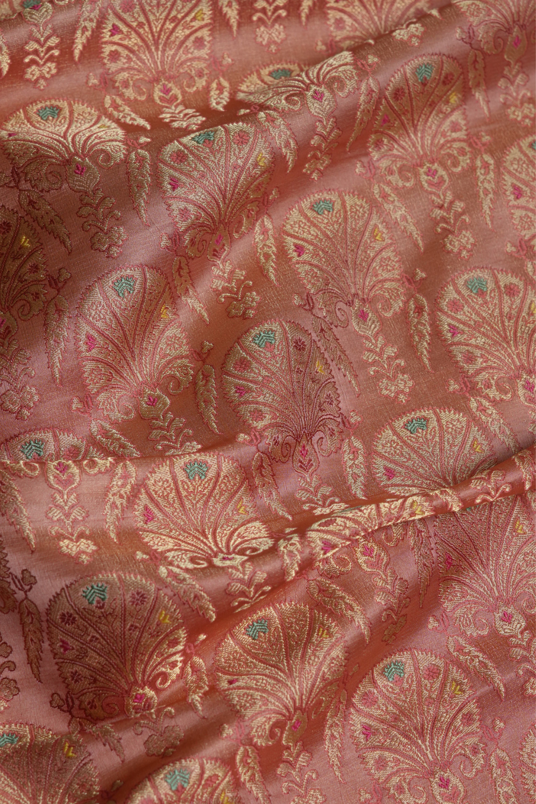 Satin Silk Kadhwa Brocade Fabric in Peach with Peacock Motifs