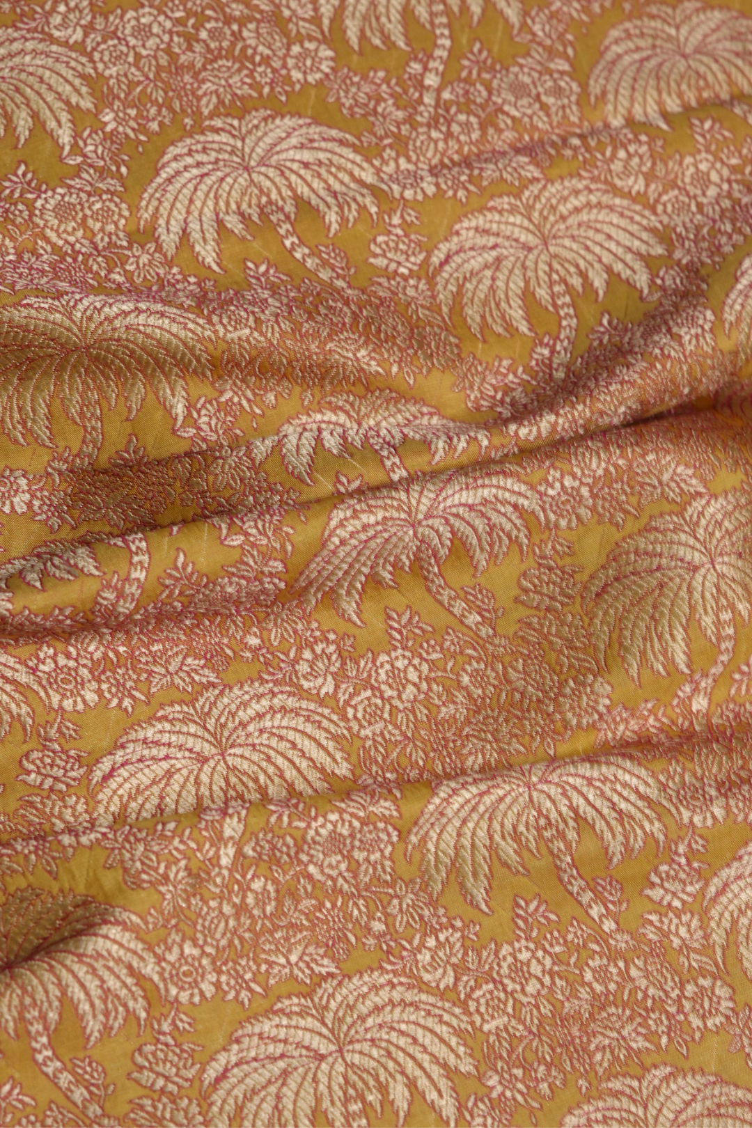 Pure Katan Silk Kadhwa Fabric in Peachy Orange with Palm Tree Buti Motifs
