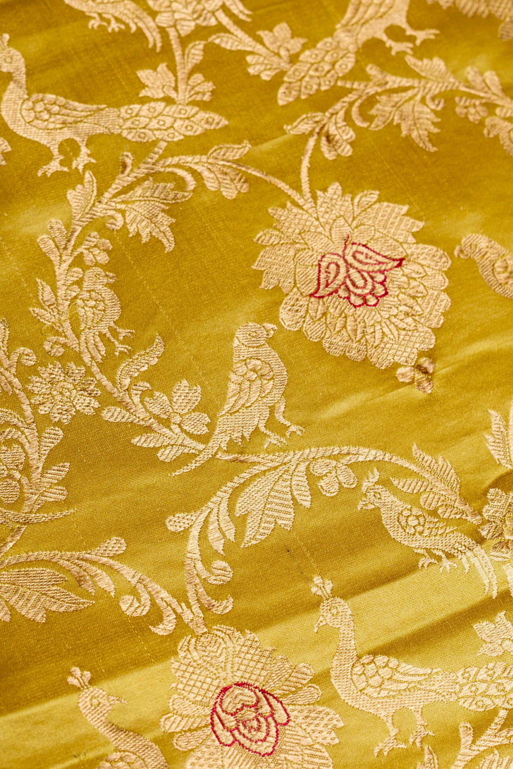 Satin Silk Kadhwa Brocade Fabric in Yellow