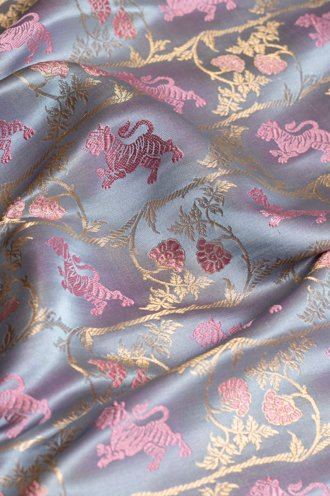 Handwoven Grey Satin Silk Kadhwa Fabric with Shikargah