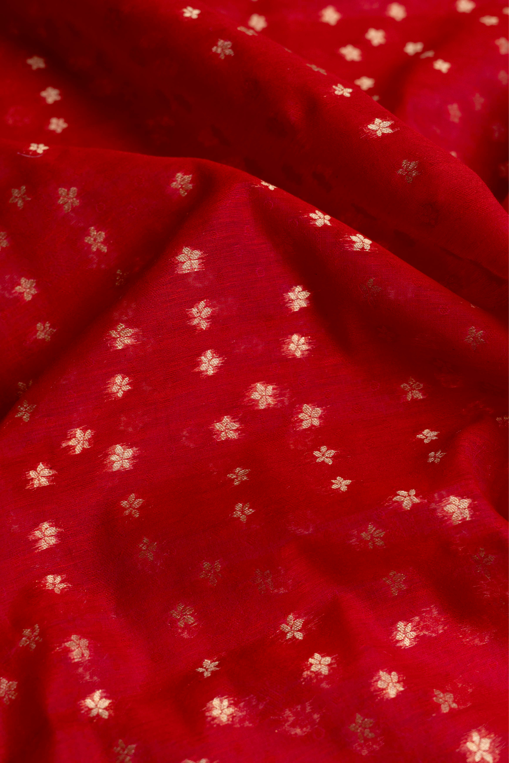 Handwoven Red Cotton Fabric with Gold Floral Buti