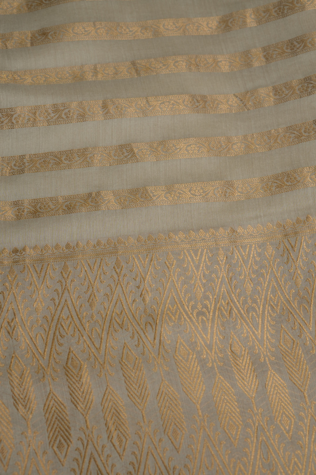 Handwoven Ivory Munga Silk Fabric with Gold Zari Stripes and Border