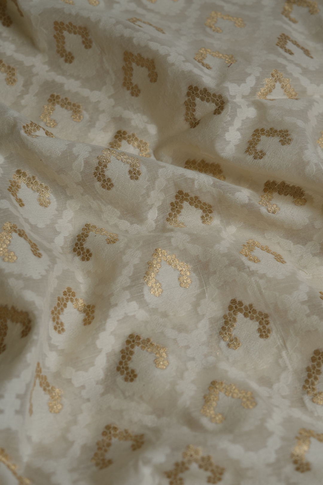 Handwoven Ivory Cotton Fabric with Gold Zari Work