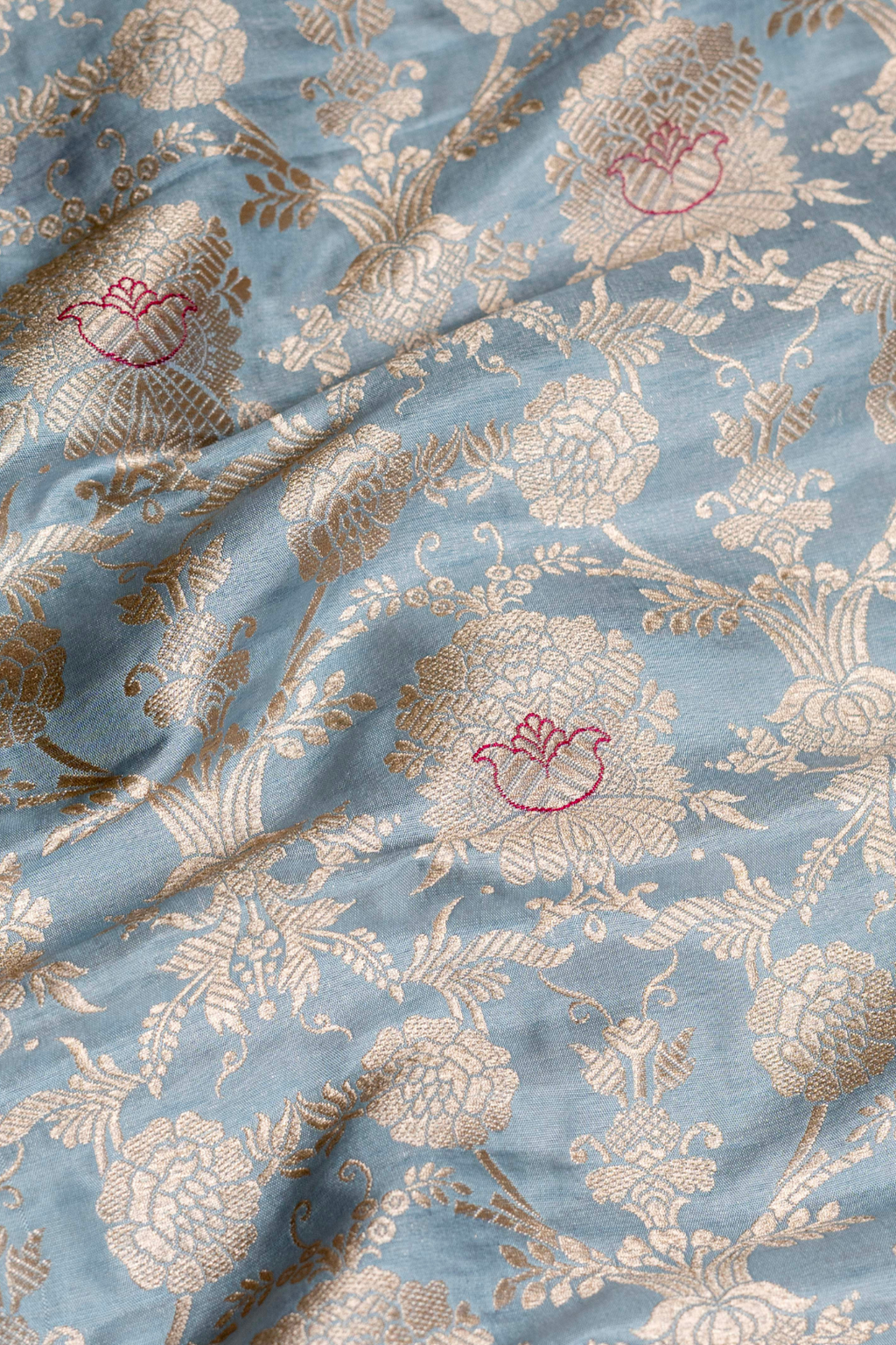 Handwoven Aqua Blue Katan Silk Kadhwa Jaal Brocade Fabric